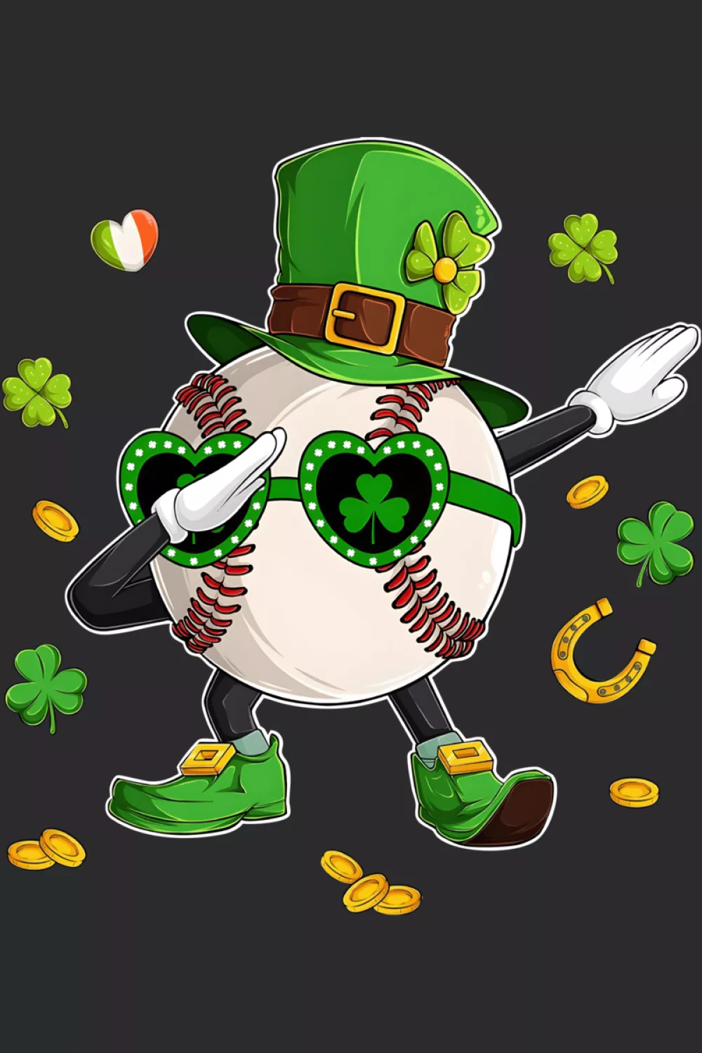 Baseball character in green outfit dabbing among shamrock shapes