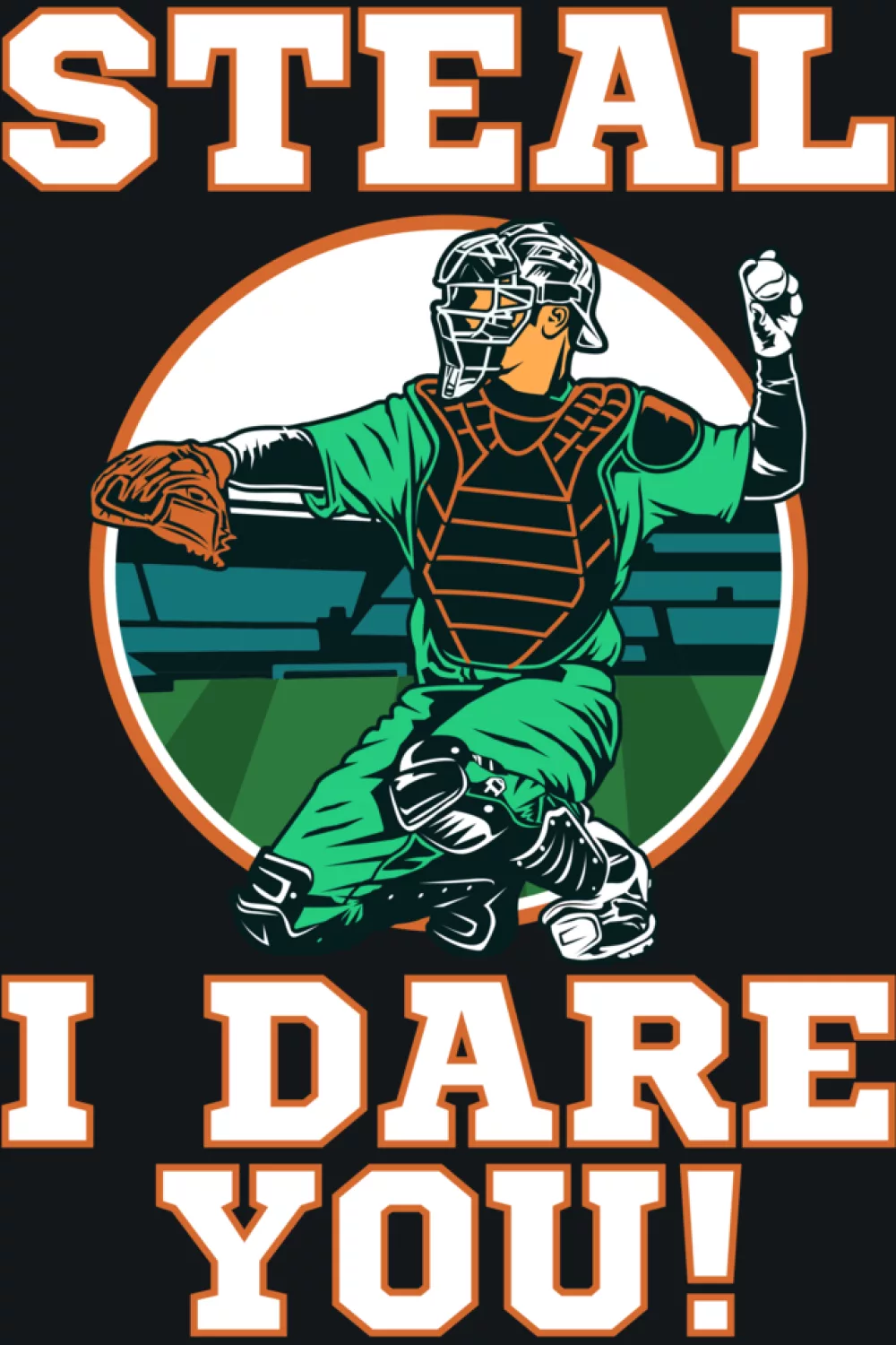 Catcher in green gear reaching forward in front of bright circle art