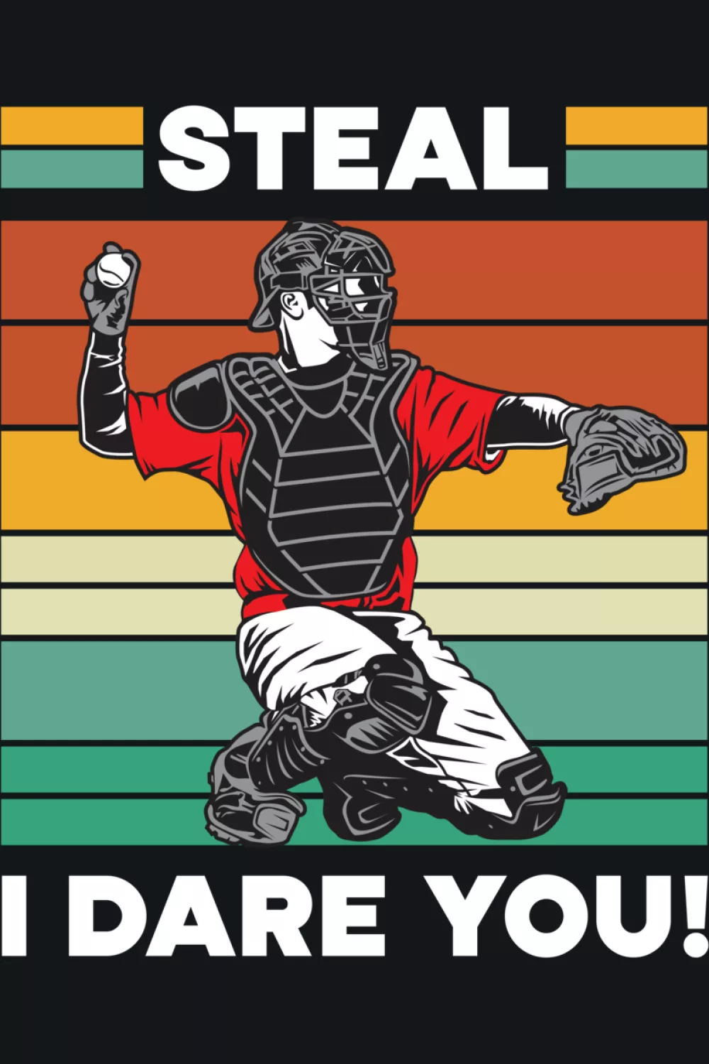 Catcher in red gear framed by sunset colored bars