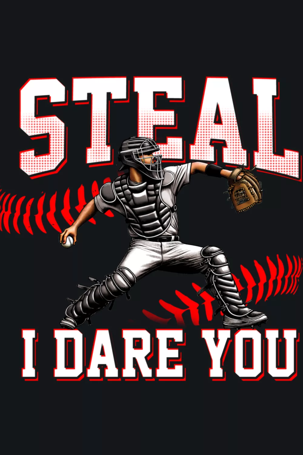 Catcher graphic backed by large red stitch detail