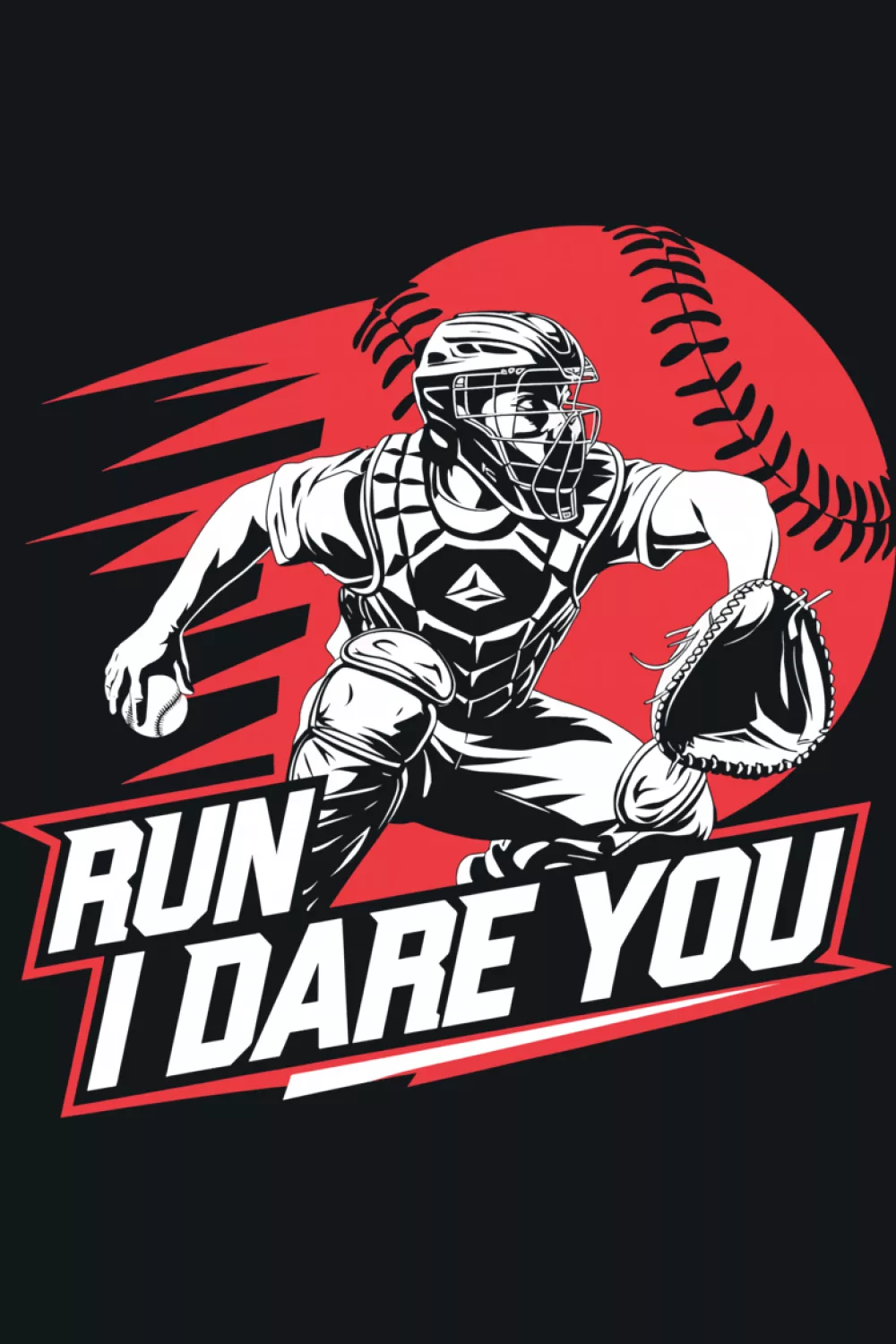 Catcher ready behind the plate with strong block letters around
