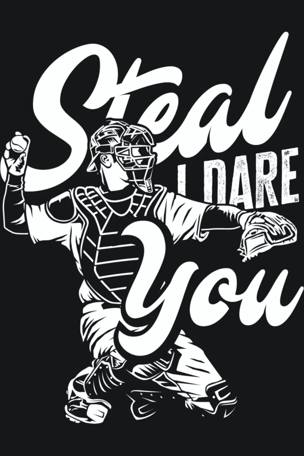 Lettering wrapped around a confident batter and catcher mask