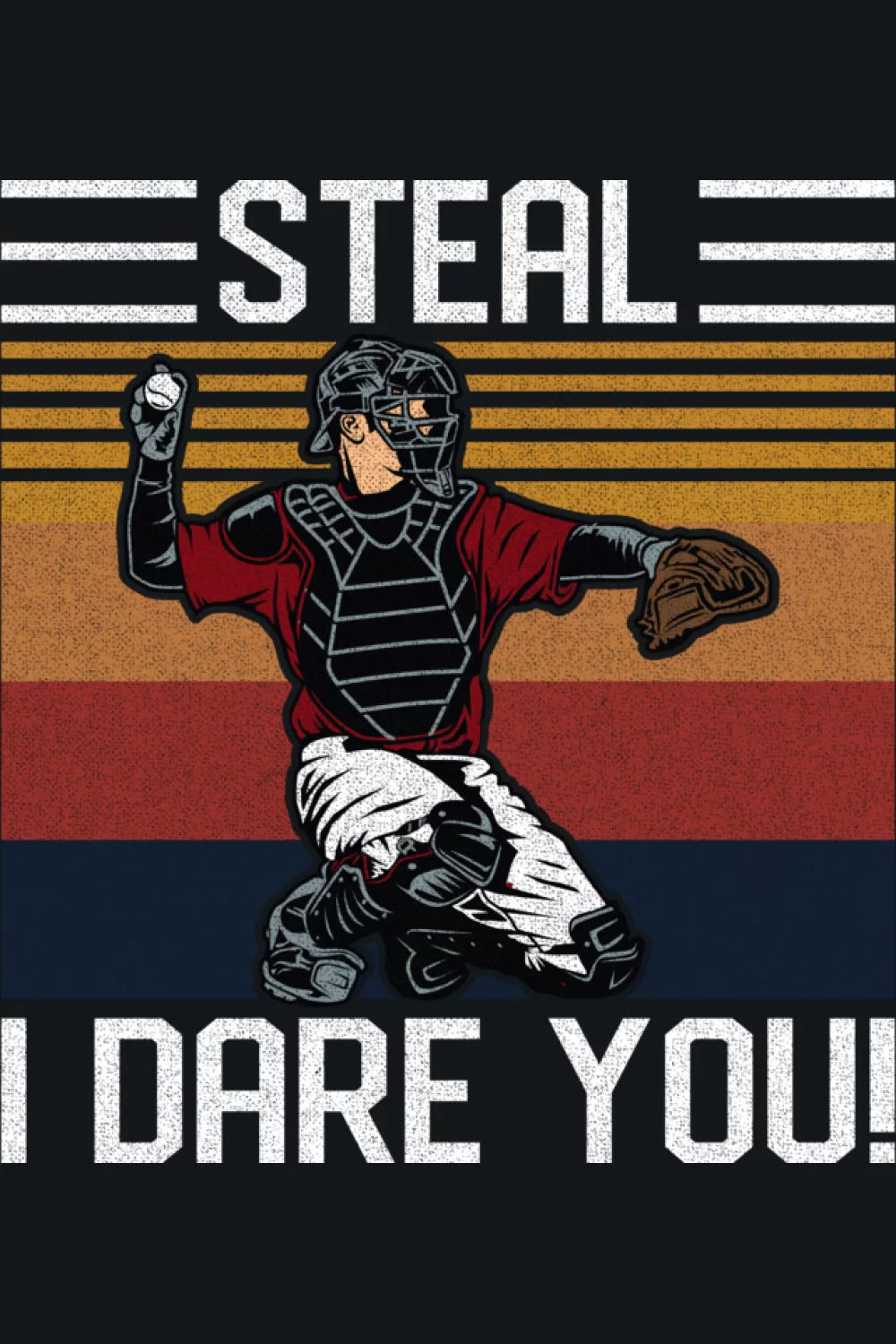 Catcher in red pads over warm stripes with clear challenge text
