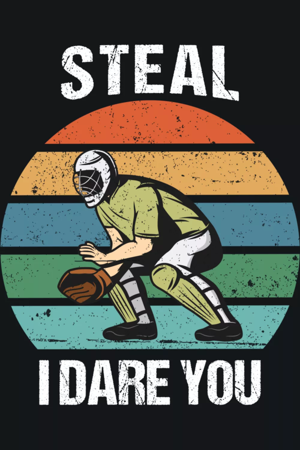 Retro catcher pose inside a faded circle with playful quote
