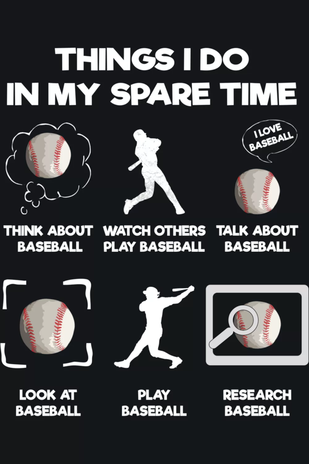 Spare time baseball list with bold text blocks and icons that keep the humor front and center.