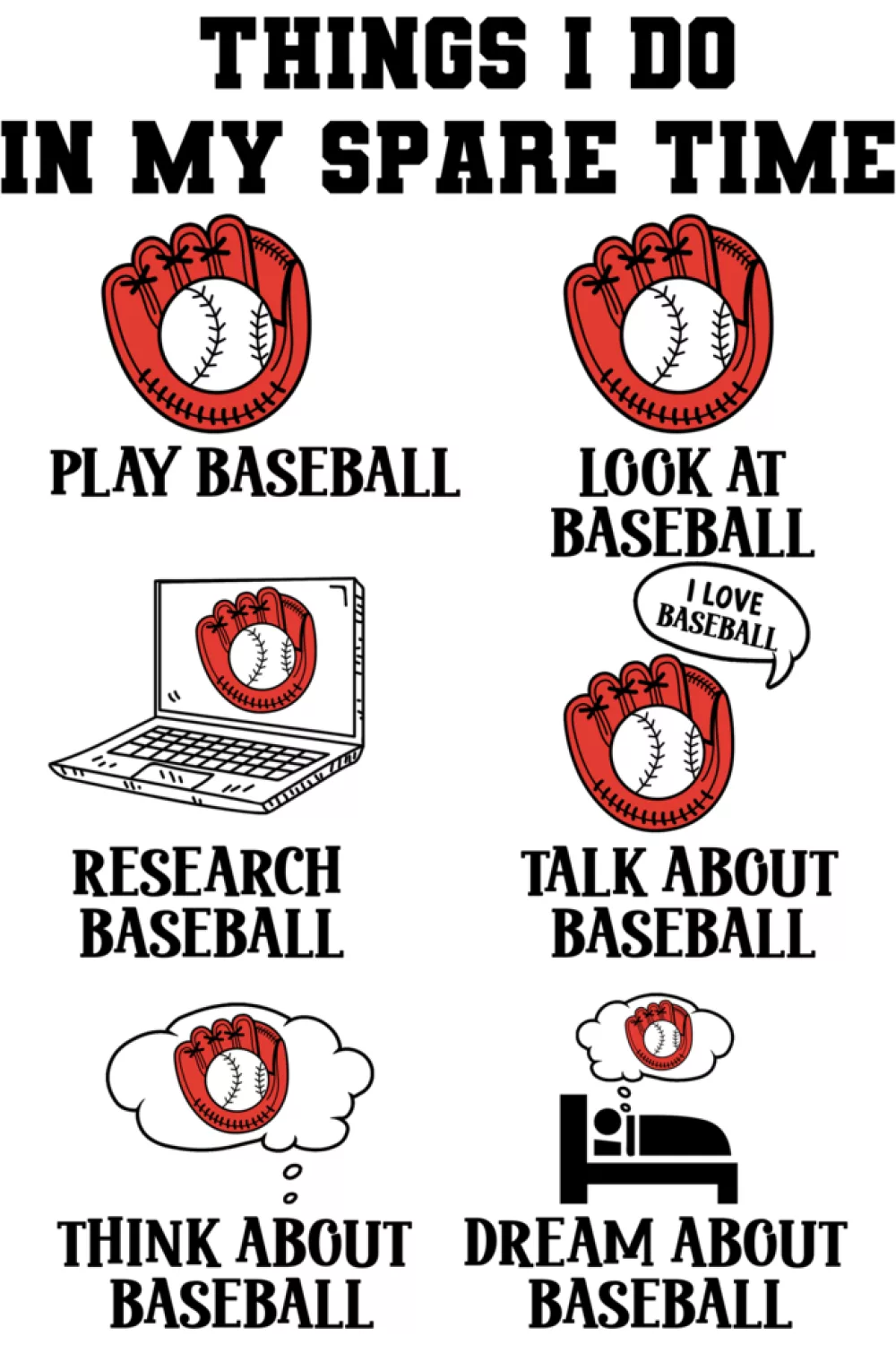 Baseball spare time checklist with bold sections and icons that keep the humor obvious and readable.