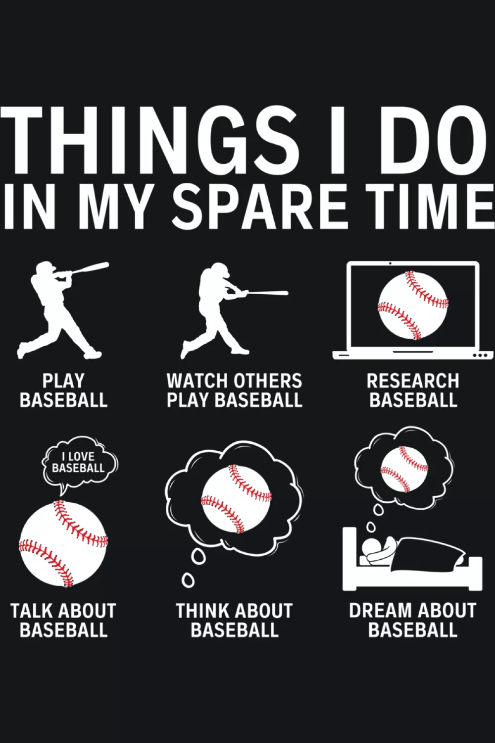 Unisex baseball spare time checklist with simple icons that works for men and women who love the game.