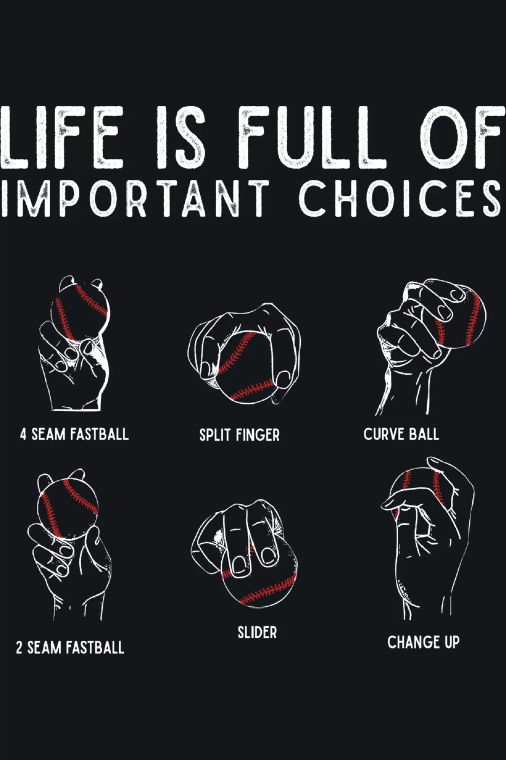 Life Is Full Of Important Choices Baseball Pitcher Shirts: Types Of Pitches For Fans And Players 55 Life choices pitcher player design with types of baseball pitches.