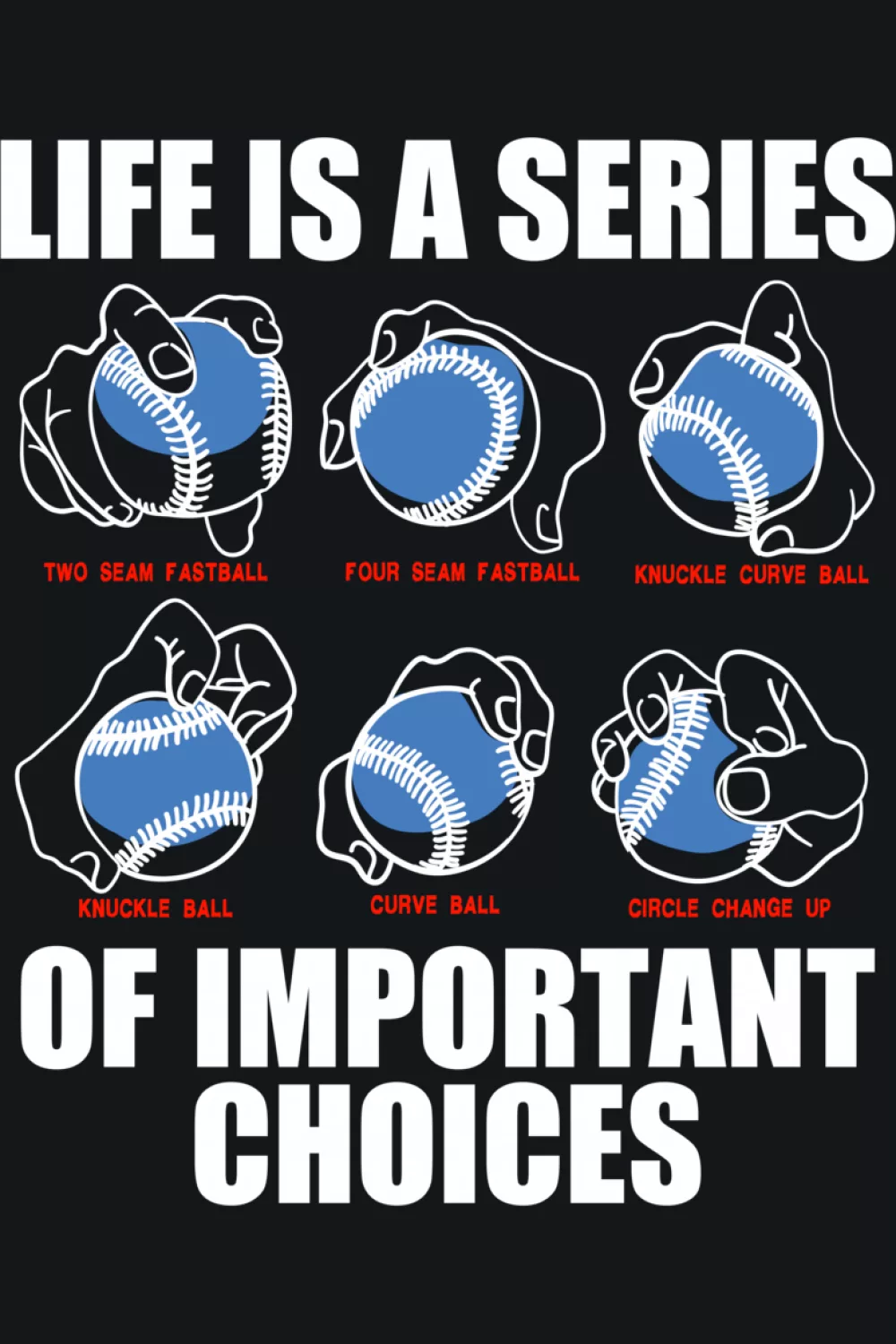 Life Is Full Of Important Choices Baseball Pitcher Shirts: Types Of Pitches For Fans And Players 56 Gift ready types of baseball pitches life choices graphic.