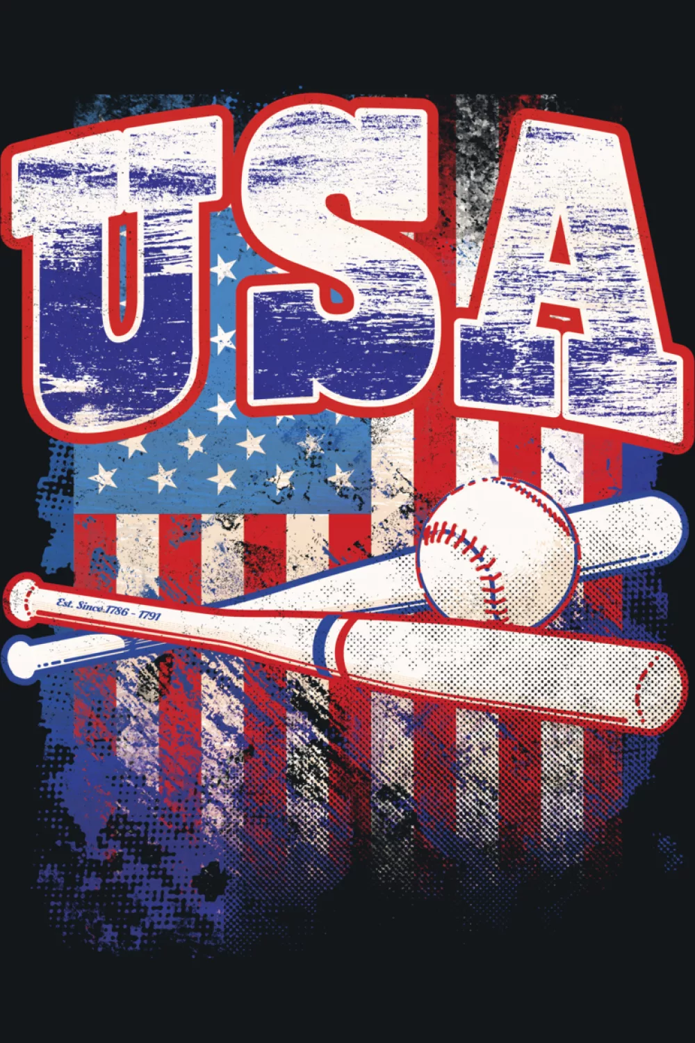 USA text with crossed bat and flag filled baseball underneath