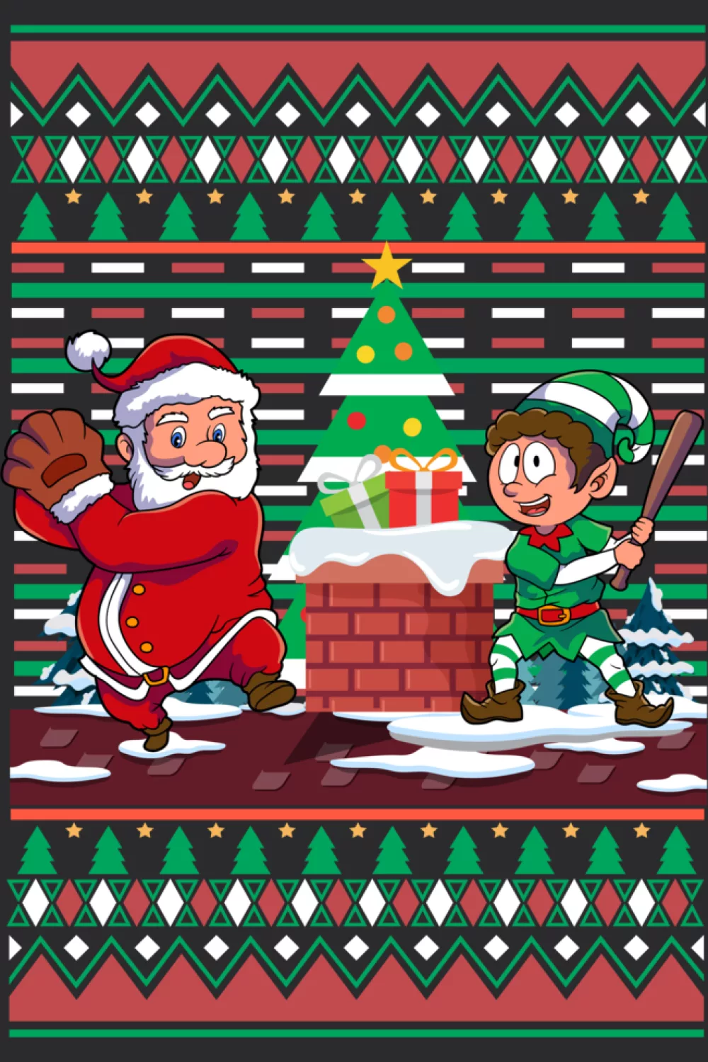 Ugly Christmas Santa and elf baseball scene