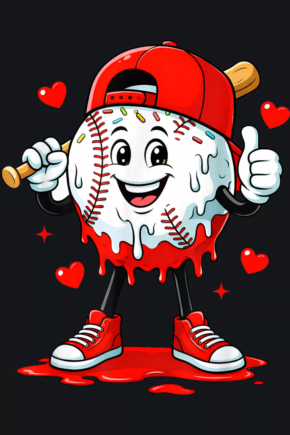 Funny baseball heart sports graphic for men and boys with red heart details and baseball stitches.