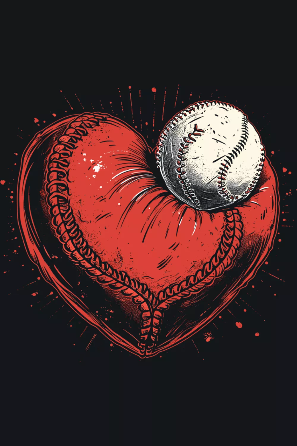 Valentines Day baseball themed heart graphic with red tones and sporty texture.