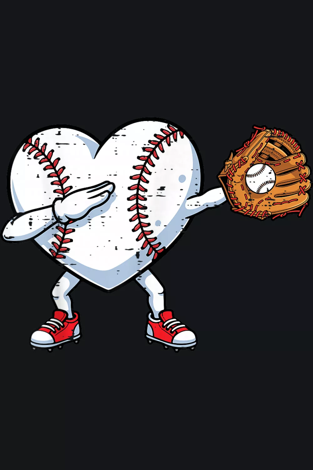 Funny dab baseball ball heart graphic for boys and kids with playful pose and Valentine hearts.