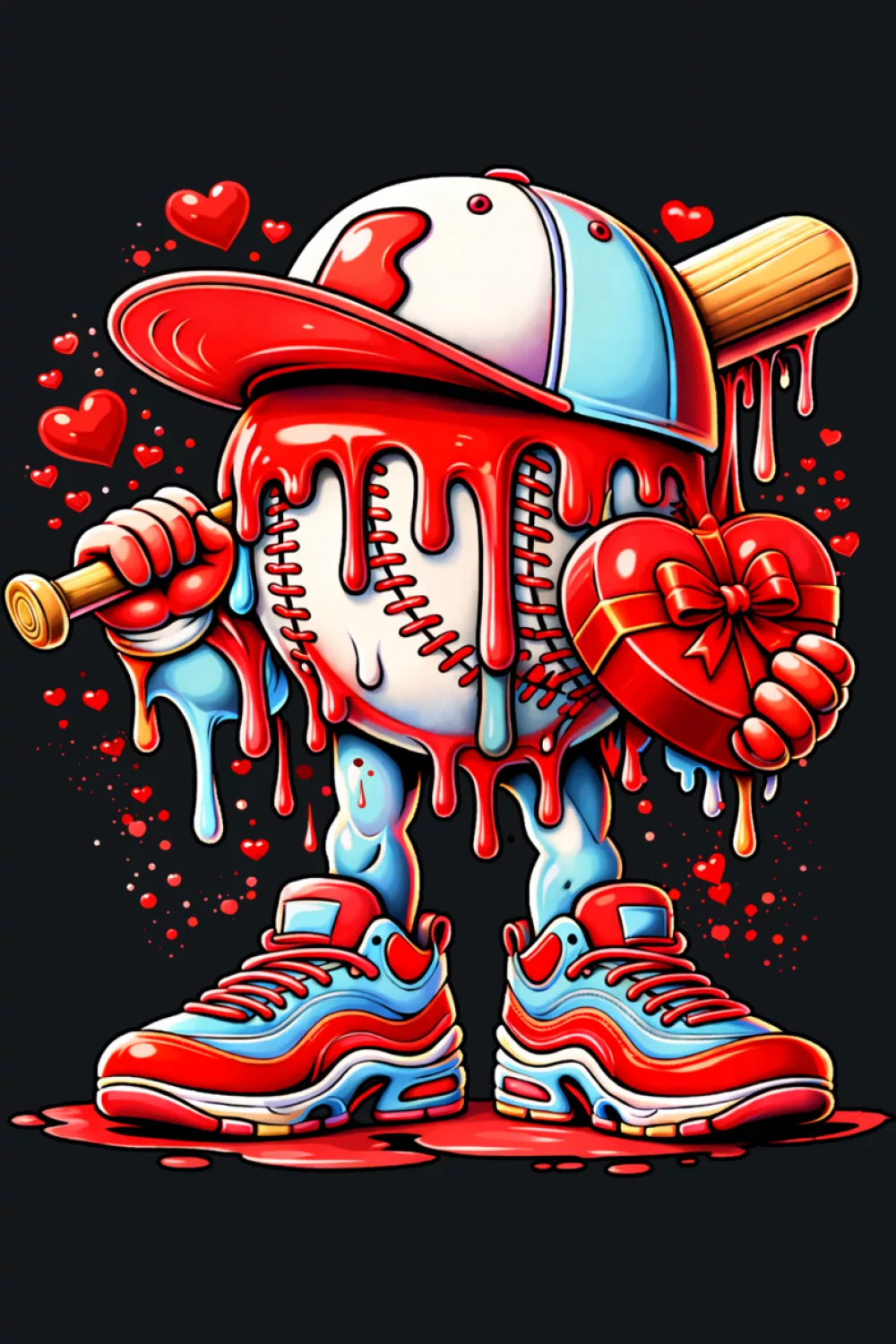 Youth baseball Valentines ice cream drip heart design with playful sporty candy colors.