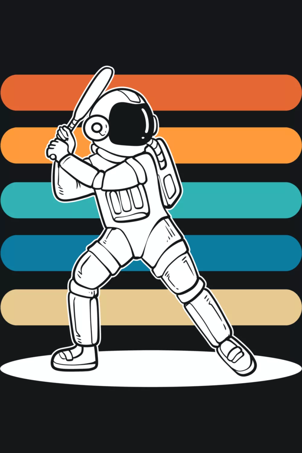 Vintage astronaut playing baseball graphic with retro colors for classic space fan style.