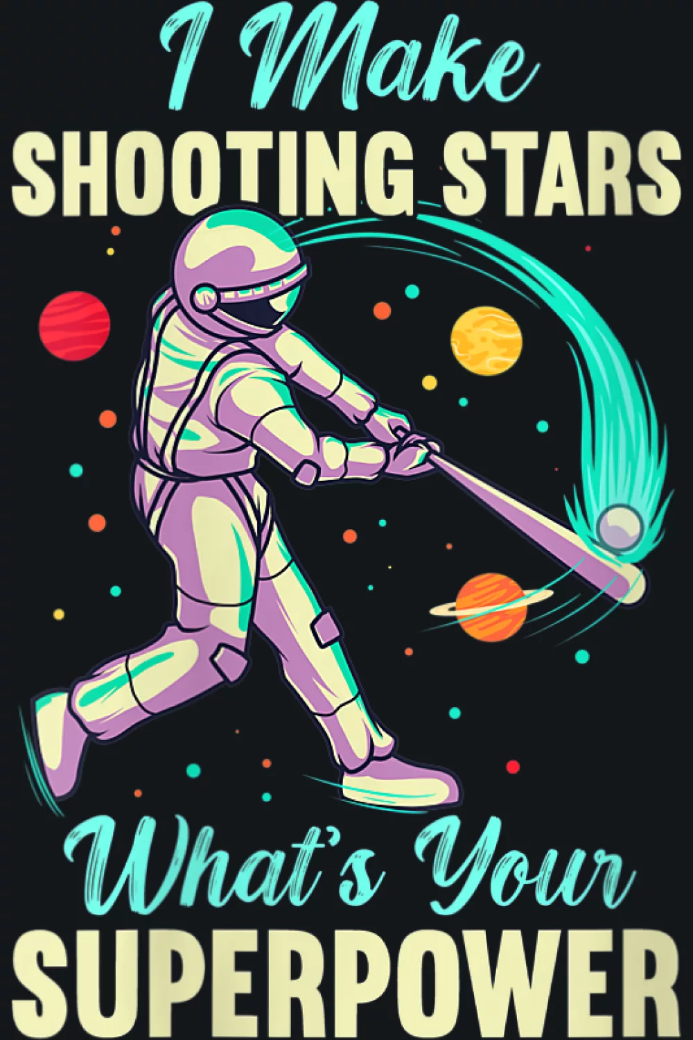Women baseball astronaut shooting star theme with softball batter energy and space details.