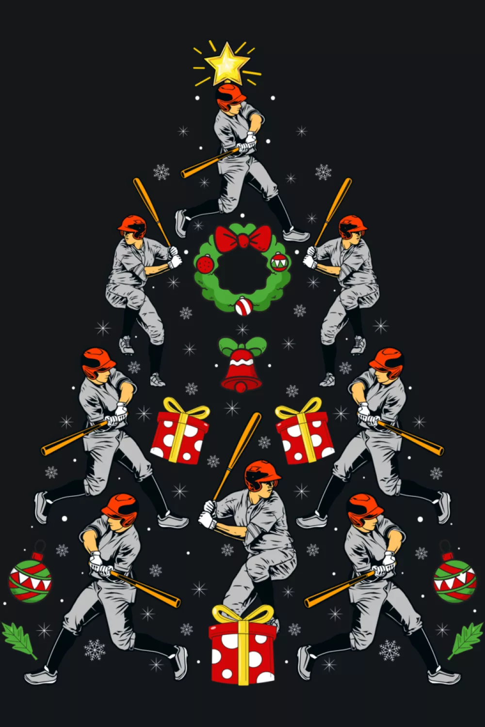 Decorative tree where a player in Santa hat stands beside stacked bats and balls.