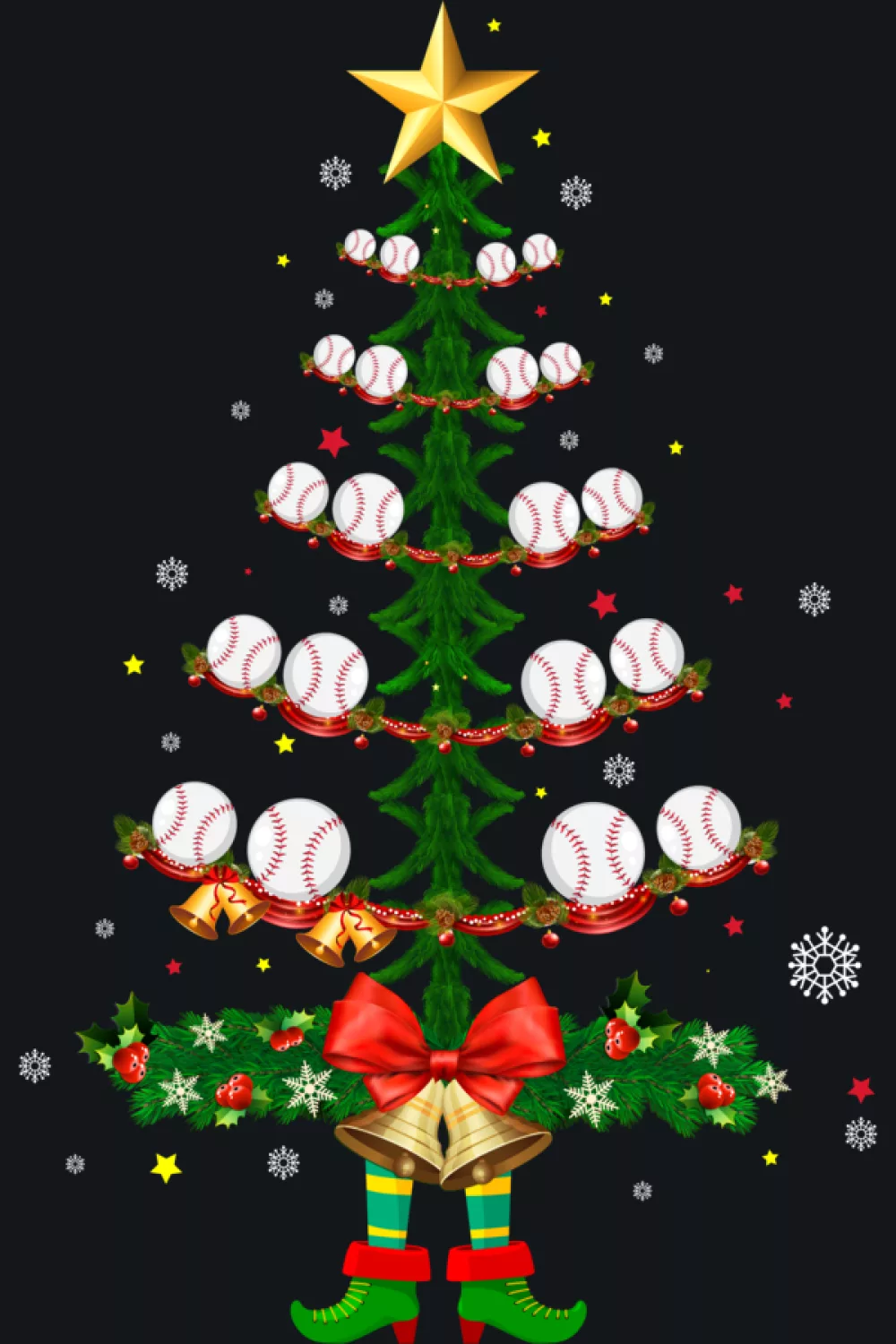Ornament themed baseball tree with baubles and tiny stars.