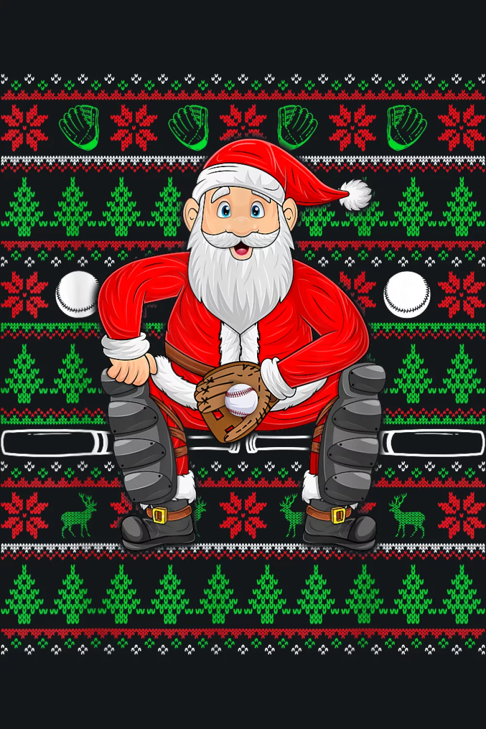 Xmas ugly sweater style Santa playing baseball knit grid
