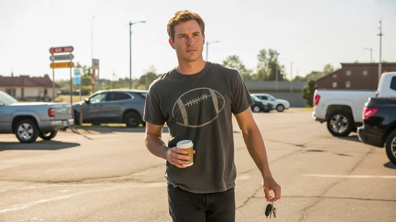 Man wearing an American football graphic T shirt in a suburban parking lot during everyday life