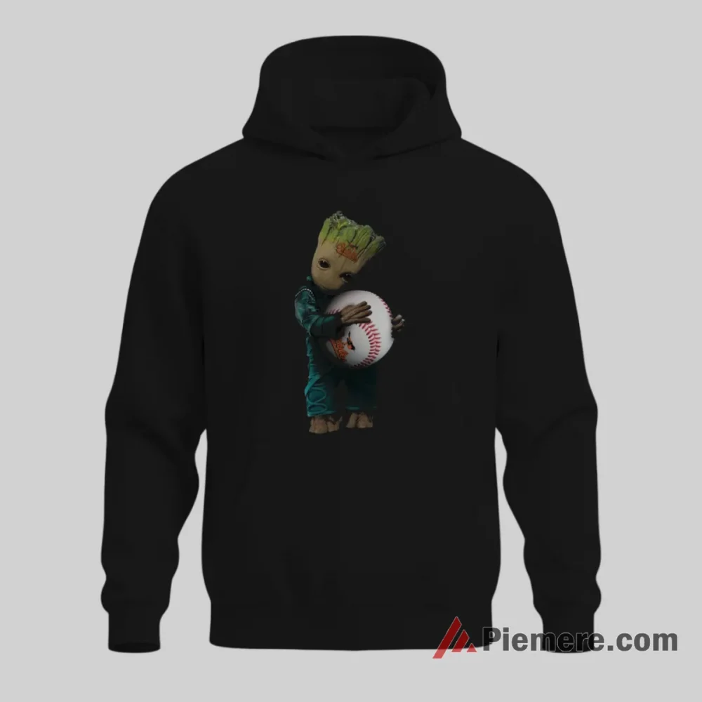 Baby Groot Hugging Baltimore Orioles Baseball Shirt on black hoodie for men graphic tee