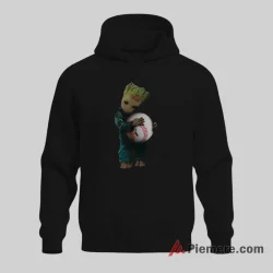 Baby Groot Hugging Baltimore Orioles Baseball Shirt on black hoodie for men graphic tee