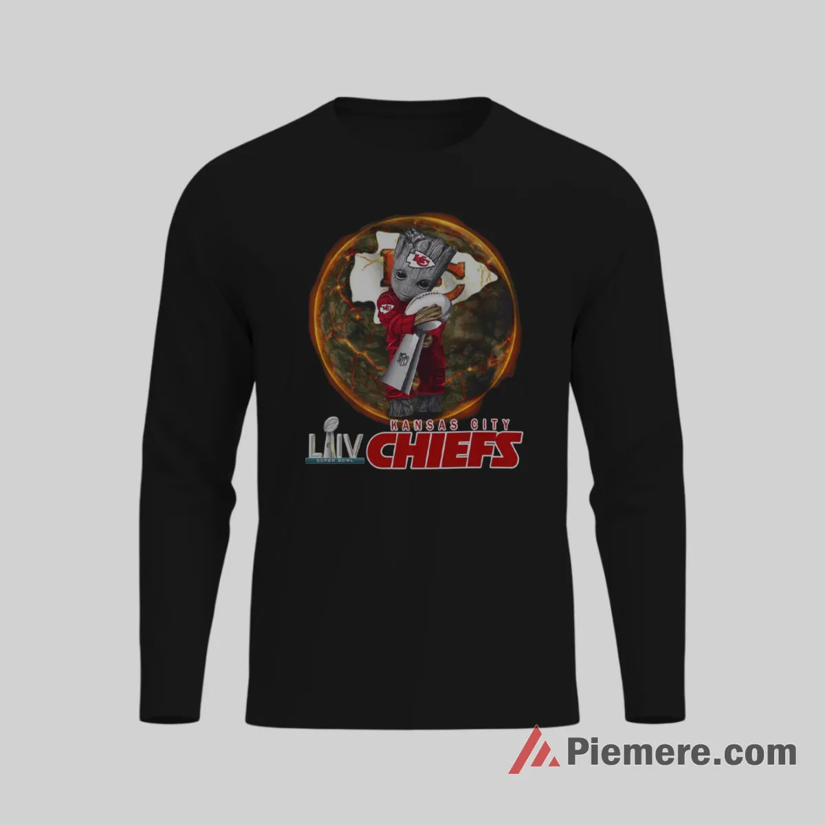 Baby Groot Kansas City Chiefs Championship Celebration Shirt on black long sleeve shirt for men graphic tee