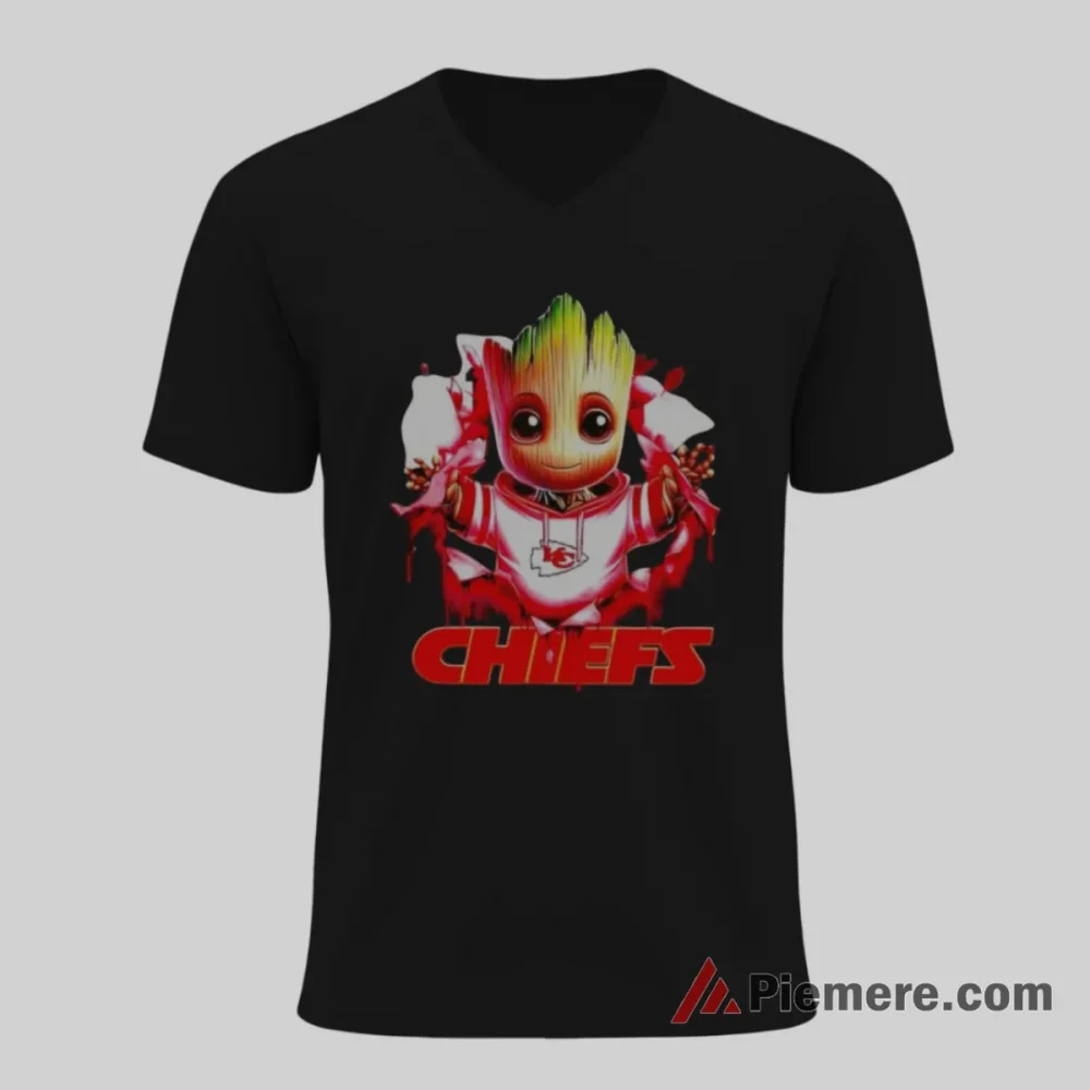 Baby Groot Kansas City Chiefs Football Armor Shirt on black v-neck shirt for men graphic tee