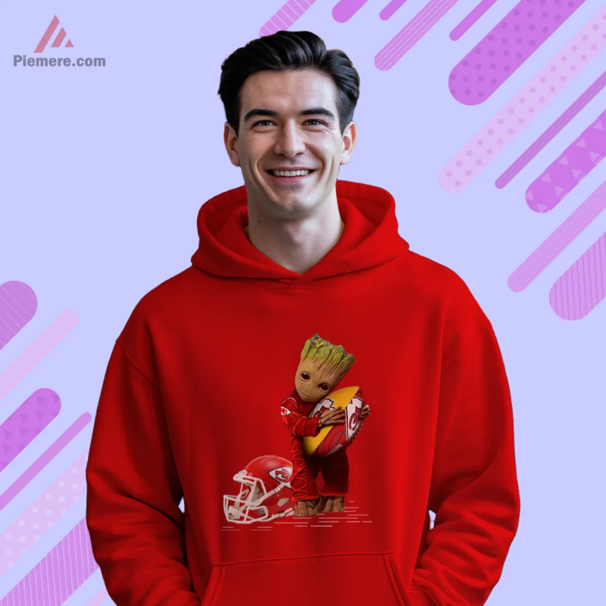 Red hoodie featuring Baby Groot holding a football