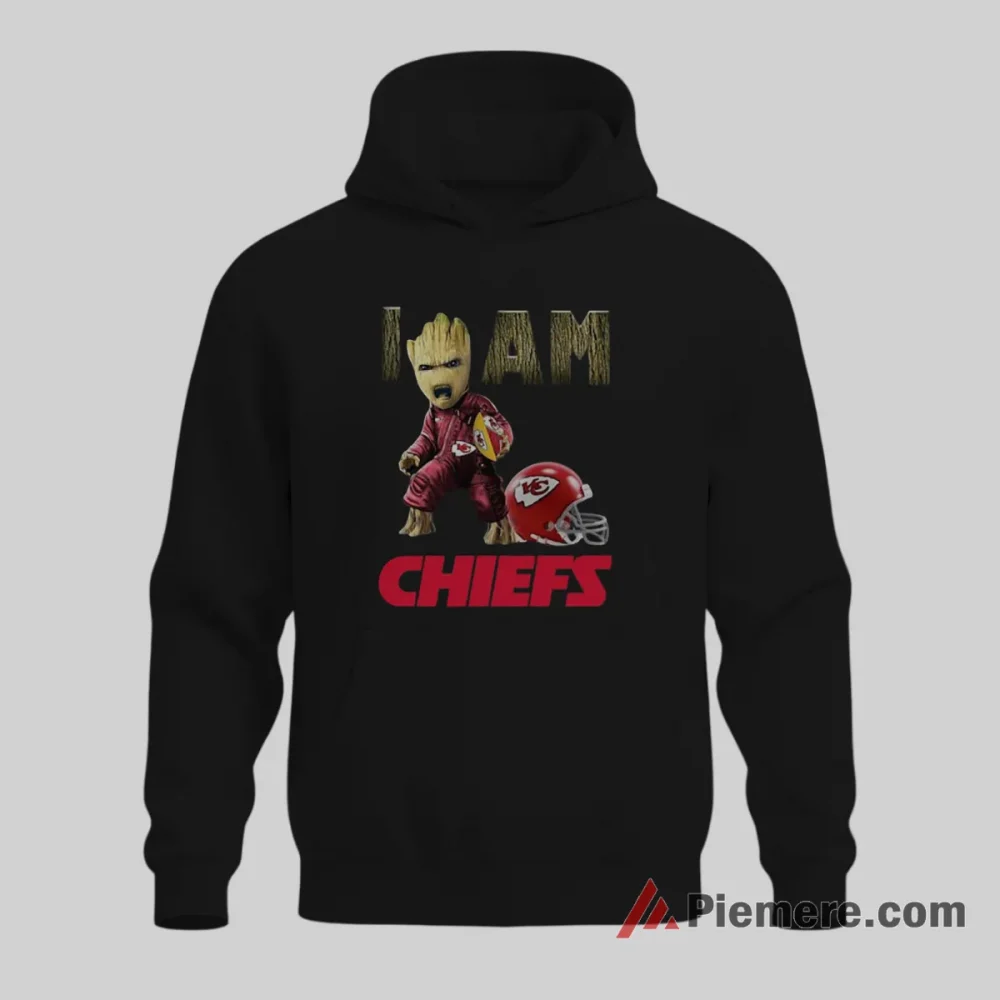 Baby Groot Kansas City Chiefs I Am Fan Shirt on black hoodie for men graphic tee