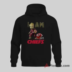Baby Groot Kansas City Chiefs I Am Fan Shirt on black hoodie for men graphic tee