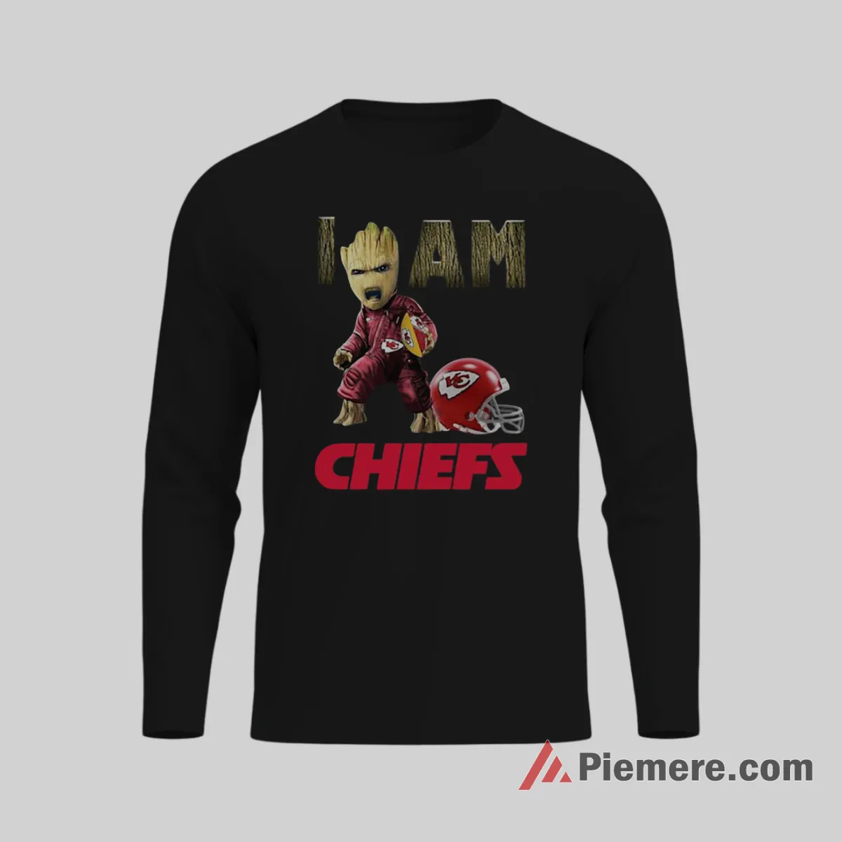 Baby Groot Kansas City Chiefs I Am Fan Shirt on black long sleeve shirt for men graphic tee