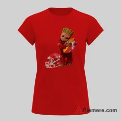 Baby Groot Kansas City Chiefs Trophy Hug Shirt on red short sleeve shirt for women graphic tee