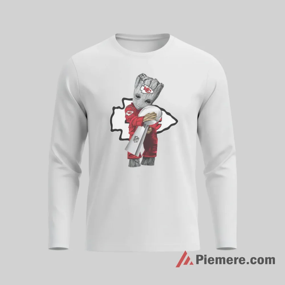Baby Groot Kansas City Chiefs Victory Emblem Shirt on white long sleeve shirt for men graphic tee