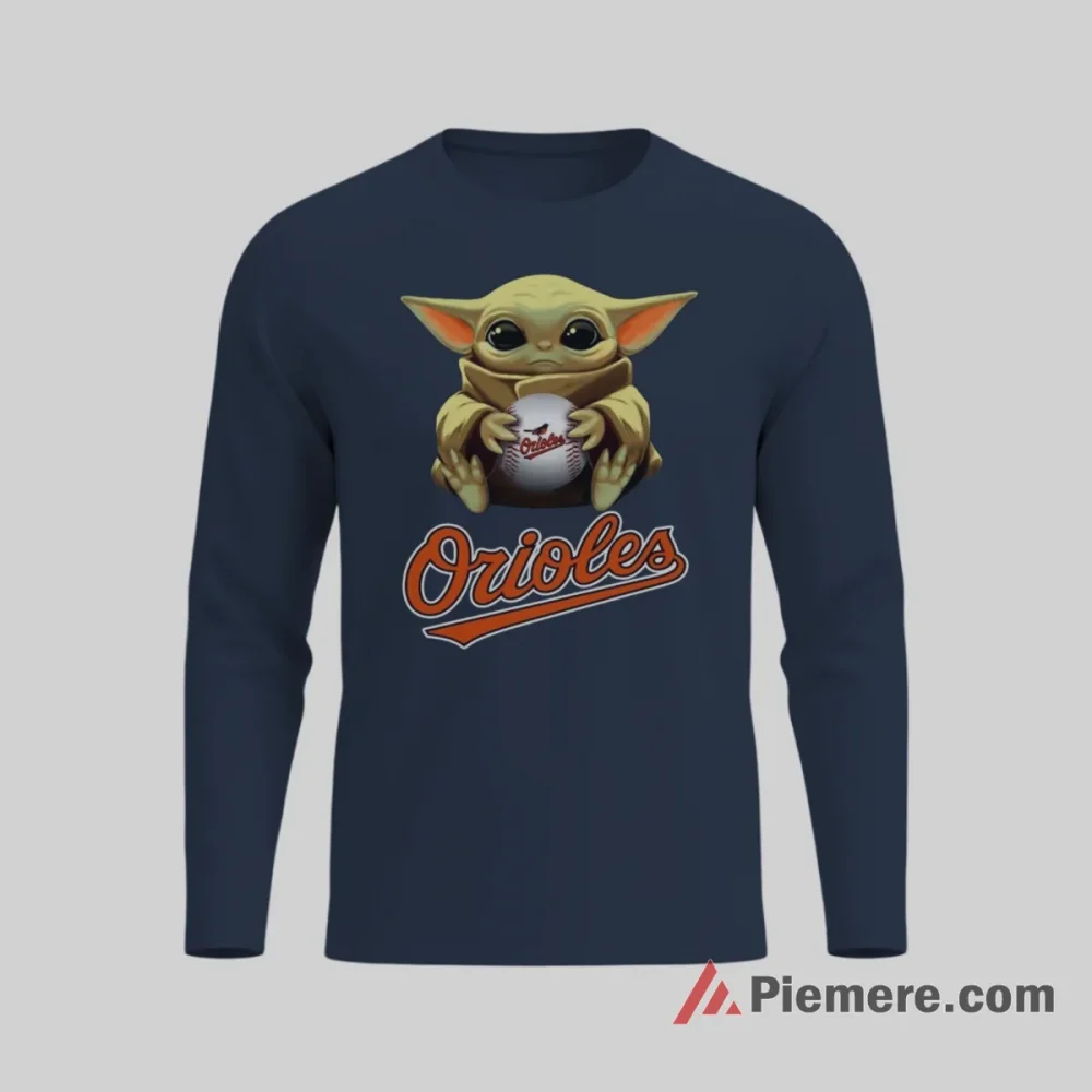 Baby Yoda Baltimore Orioles Galactic Baseball Shirt on navy long sleeve shirt for men graphic tee