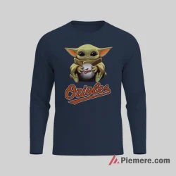 Baby Yoda Baltimore Orioles Galactic Baseball Shirt on navy long sleeve shirt for men graphic tee