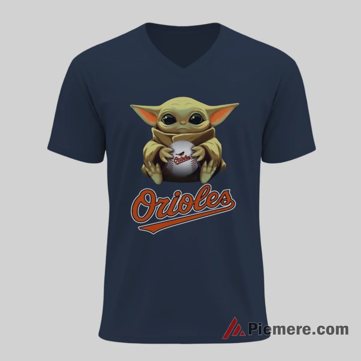 Baby Yoda Baltimore Orioles Galactic Baseball Shirt on navy v-neck shirt for men graphic tee
