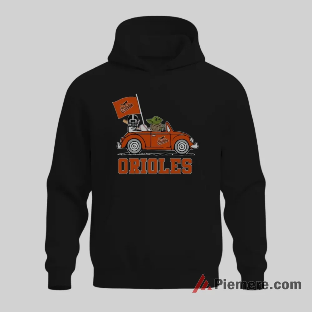 Baby Yoda Driving Baltimore Orioles Star Wars Shirt on black hoodie for men graphic tee