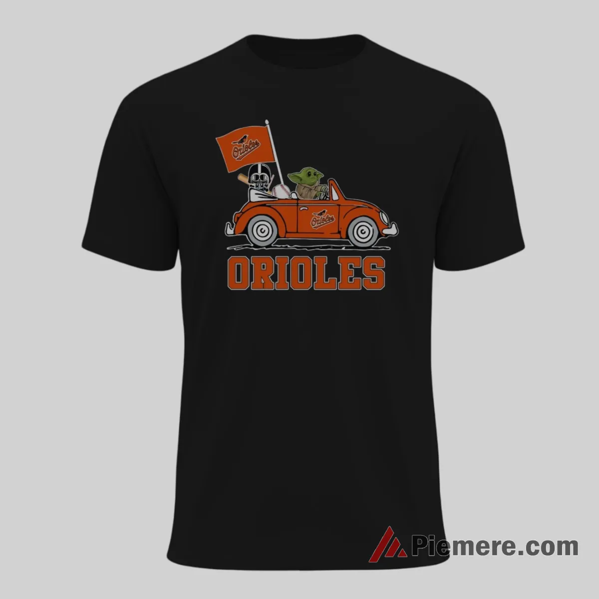 Baby Yoda Driving Baltimore Orioles Star Wars Shirt on black short sleeve shirt for men graphic tee