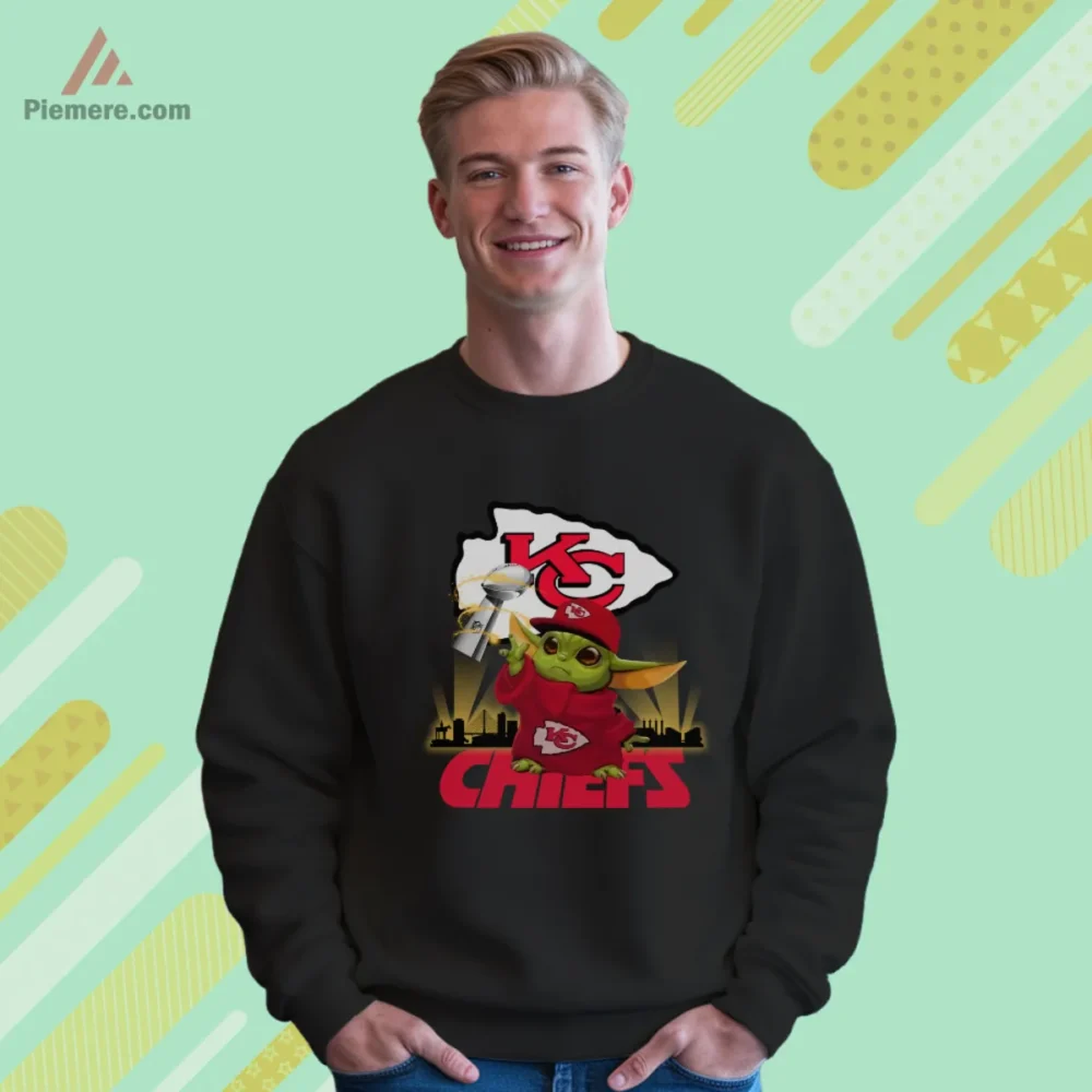 Baby Yoda Kansas City Chiefs Champions Football Shirt with trophy pose and KC arrowhead backdrop