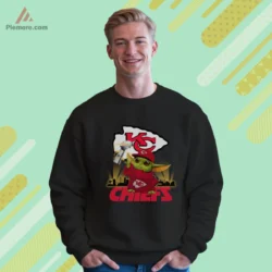 Baby Yoda Kansas City Chiefs Champions Football Shirt with trophy pose and KC arrowhead backdrop