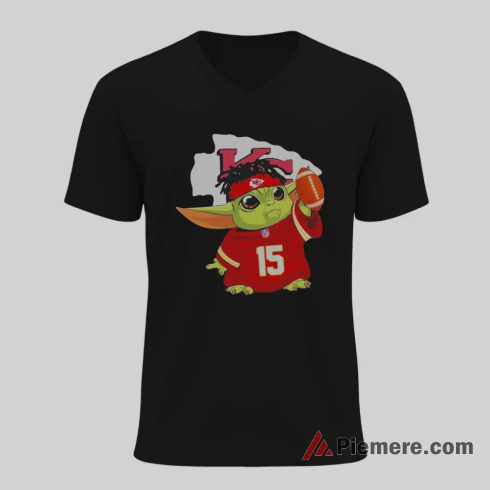 Baby Yoda Kansas City Chiefs Quarterback Tribute Shirt on black v-neck shirt for men graphic tee