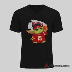 Baby Yoda Kansas City Chiefs Quarterback Tribute Shirt on black v-neck shirt for men graphic tee