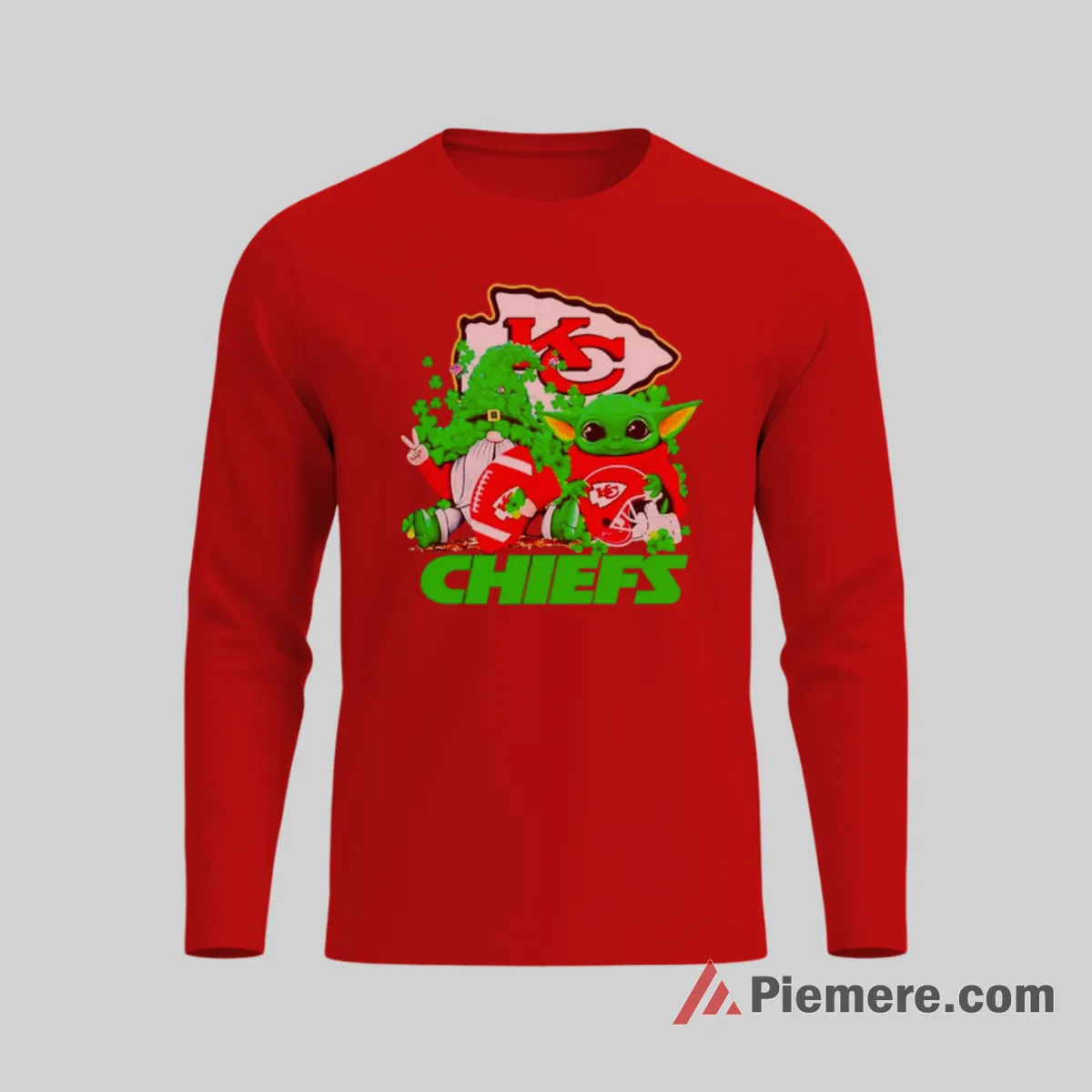 Baby Yoda Kansas City Chiefs Shamrock Celebration Shirt on red long sleeve shirt for men graphic tee