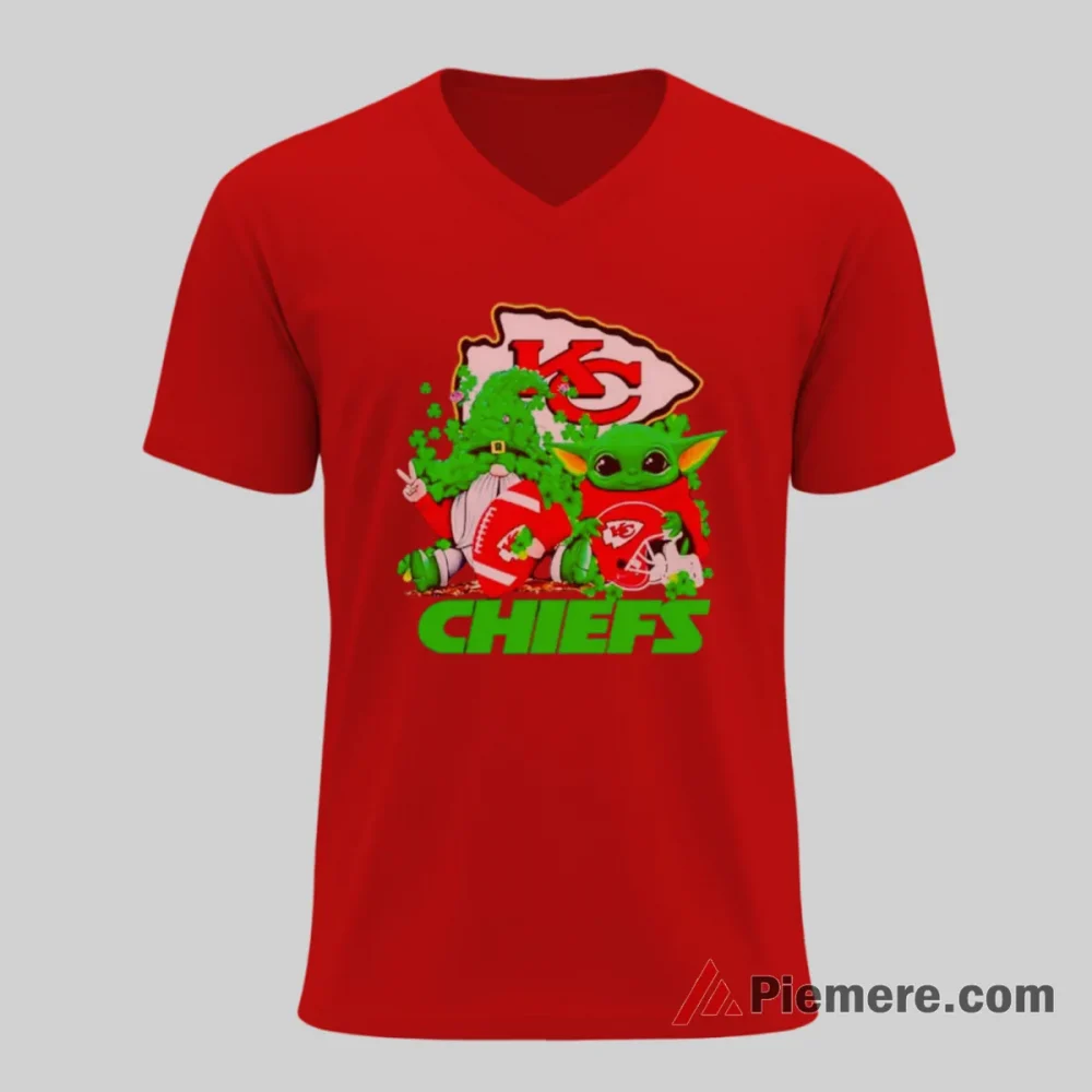 Baby Yoda Kansas City Chiefs Shamrock Celebration Shirt on red v-neck shirt for men graphic tee