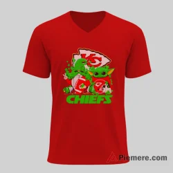 Baby Yoda Kansas City Chiefs Shamrock Celebration Shirt on red v-neck shirt for men graphic tee