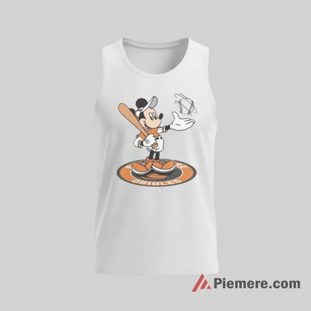 Baltimore Orioles Cheerful Mickey Mouse Baseball Shirt on white tank top for men graphic tee