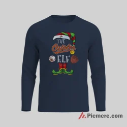 Baltimore Orioles Christmas Elf Baseball Fan Shirt on navy long sleeve shirt for men graphic tee