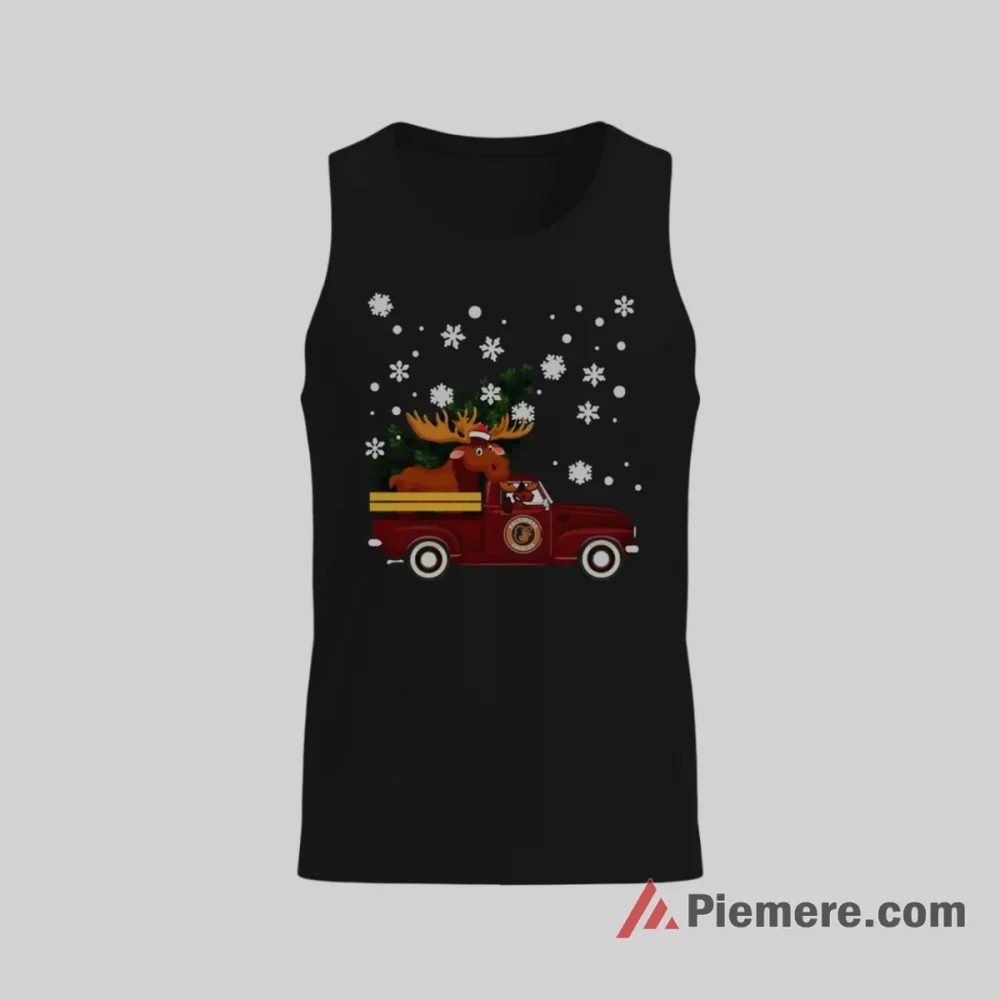 Baltimore Orioles Christmas Reindeer Truck Holiday Shirt on black tank top for men graphic tee